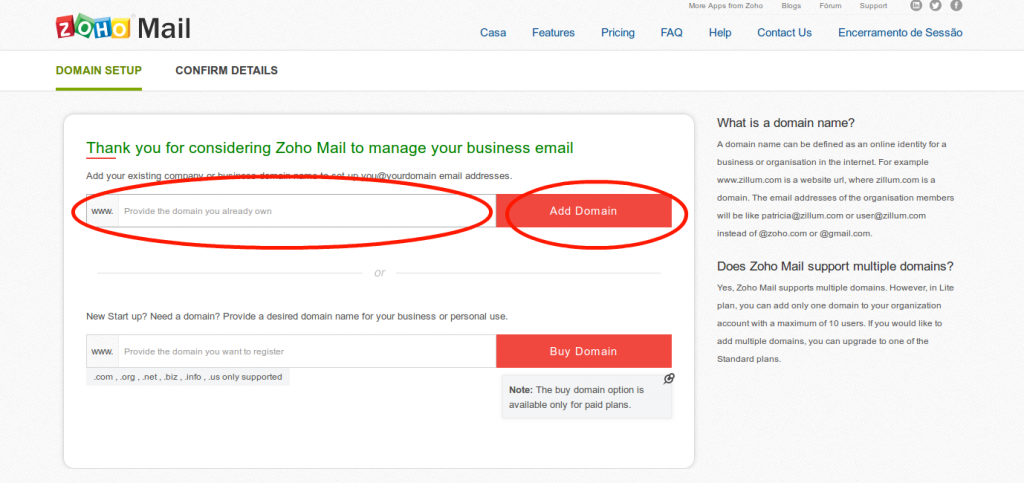 Criar conta grátis no Zoho Mail - Passo 3